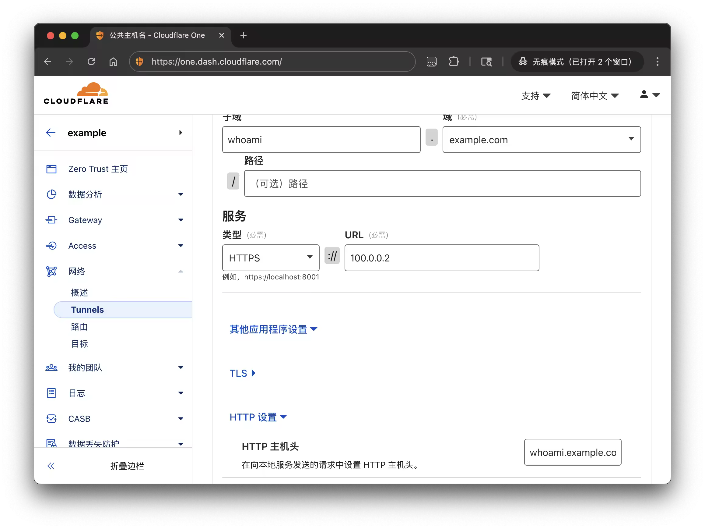 Cloudflare Tunnel 路由配置将域名转发至 Caddy 服务器